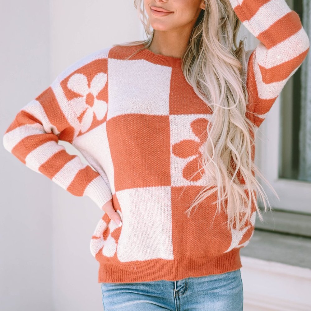 Brown Checkered Floral Print Striped Sleeve Sweater - Picture 3 of 8